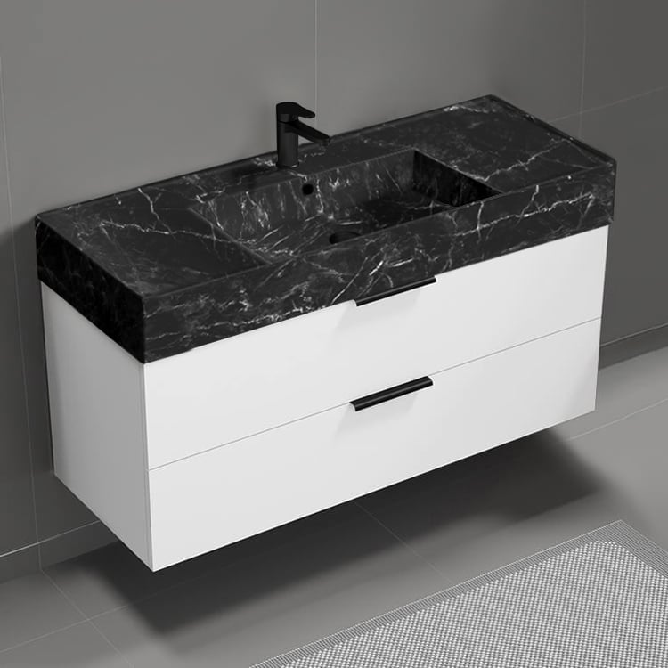 Nameeks DERIN934 Modern Bathroom Vanity With Black Marble Design Sink, Wall Mounted, 48 Inch, Glossy White